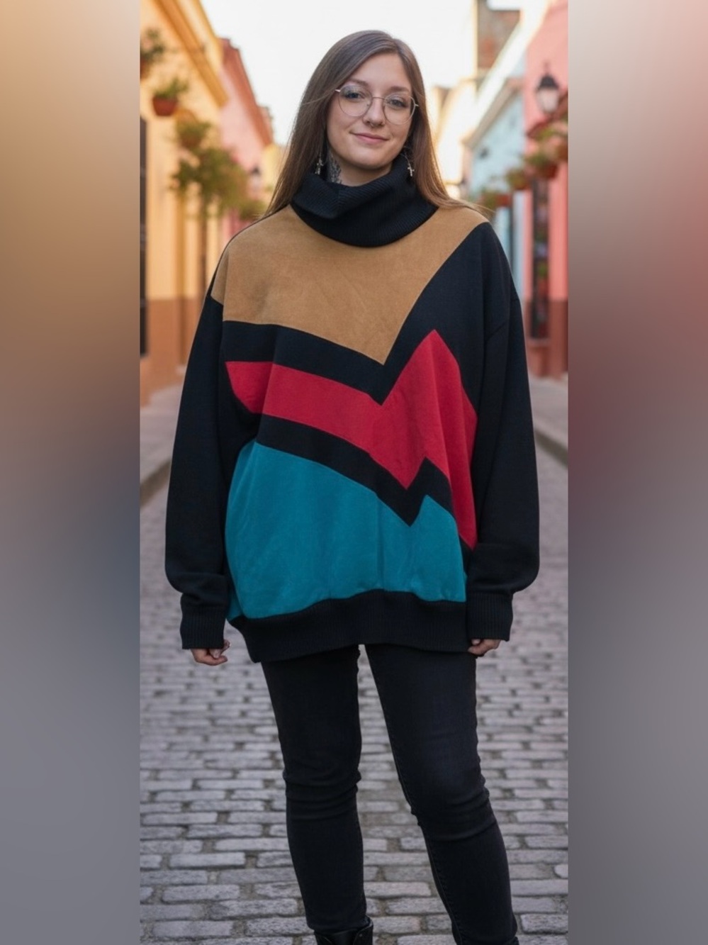 Geometric Colorblock Women's Turtleneck Sweater